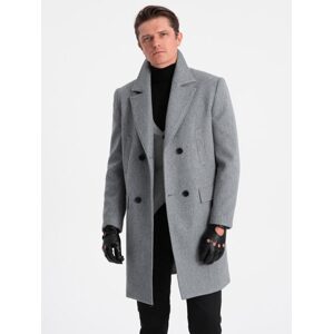 Zateplený šedý dvojradový pánsky kabát V1 OM-COWC-0107