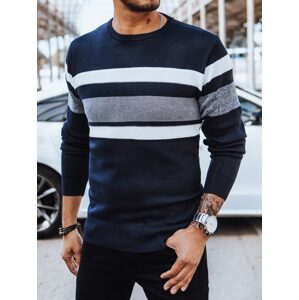 Trendy tmavo modrý sveter s pruhmi viacerých farieb