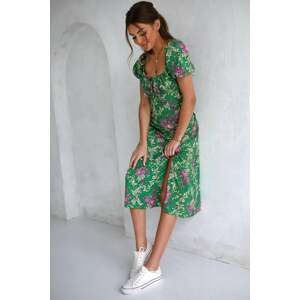 Fialovo-zelené kvetované šaty s rozparkom 0596